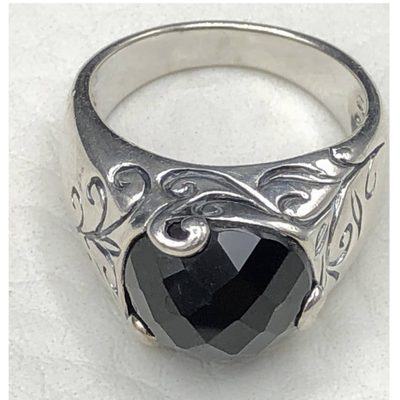 Black Onyx Ring Size 6 High Dome Checkerboard Cushion Cut 925 Sterling Silver - Picture 2 of 8